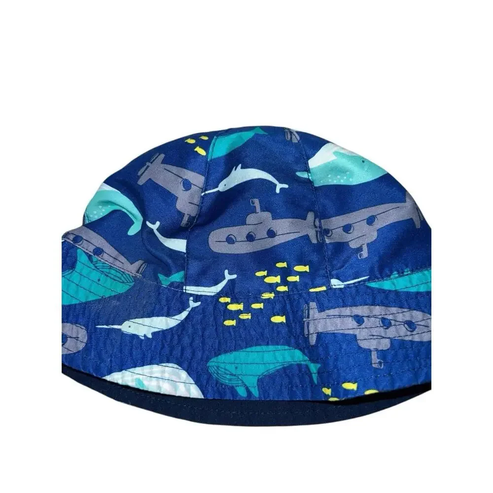 Reversible Ocean Print Bucket‎ Hat Submarines Whales Blue Toddler Size 2T-3T